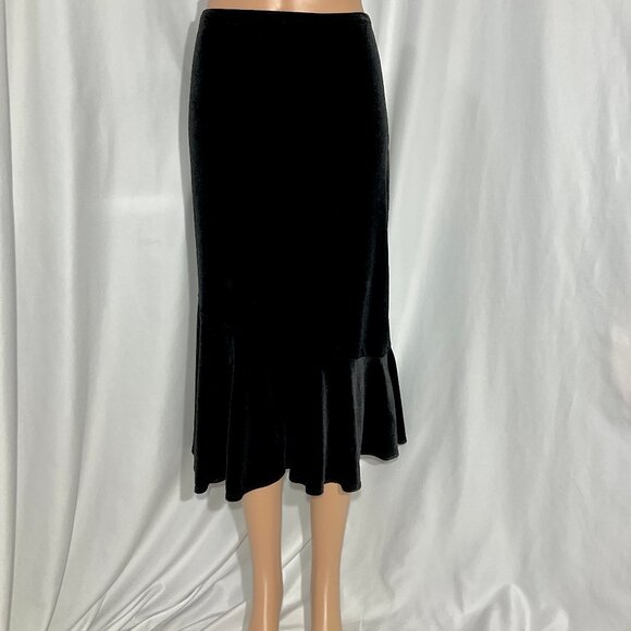 Black Velvet Midi Skirt with Bottom Founce Sz Med - Picture 2 of 9
